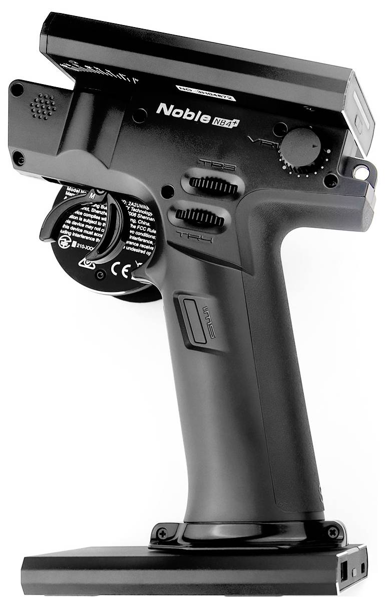 A black, ergonomic remote control with various switches and a rotary wheel on the side, suitable for RC models.