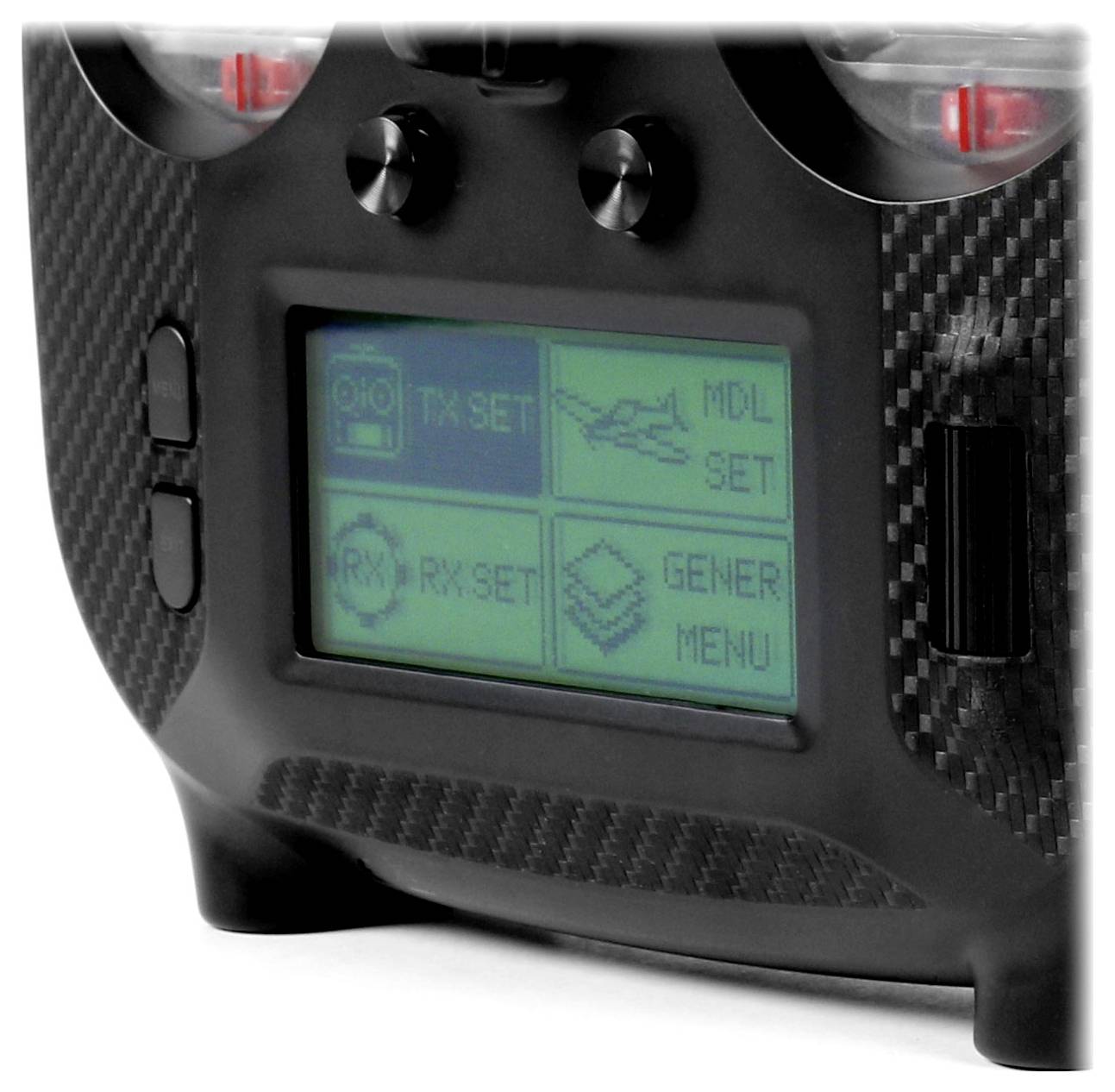 A radio transceiver with a digital display shows menu options, including 'TX SET', 'MDL SET', 'RX SET', and 'GEN/MENU'.