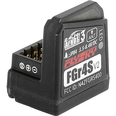 A black FGr4S V2 receiver from Flysky with connectors and technical information on the front.