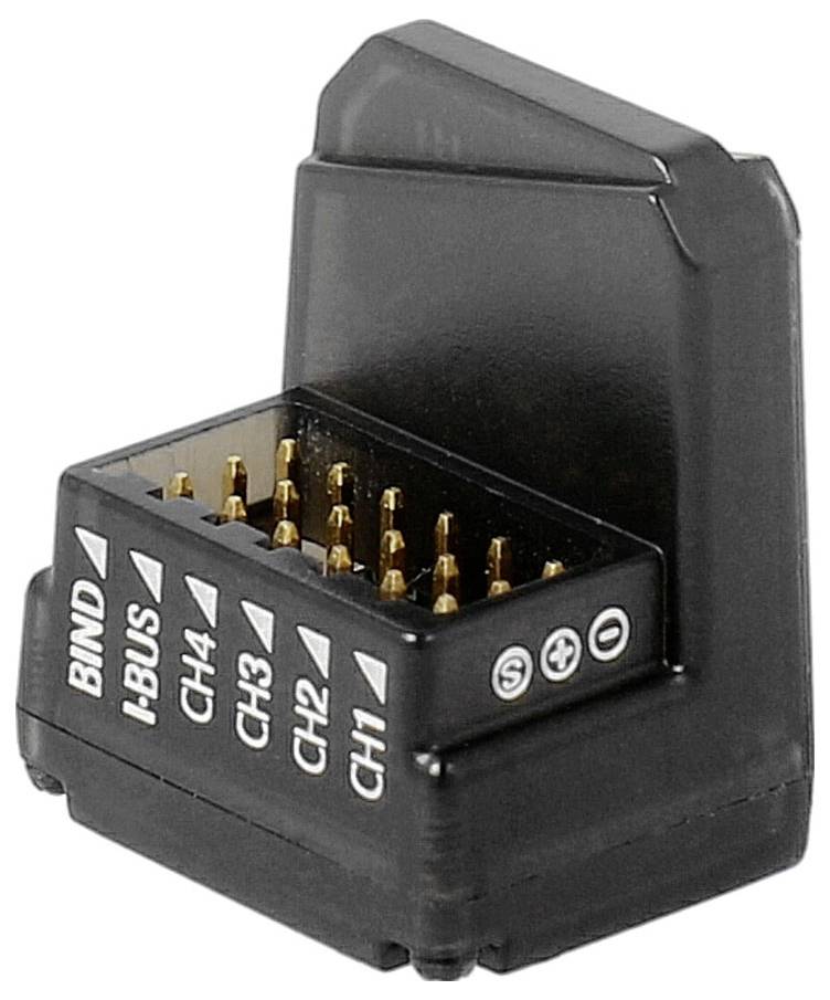 A small, black electrical receiver with five slots, labelled 'BIND', 'I-BUS', 'CH4', 'CH3', 'CH2', 'CH1'.