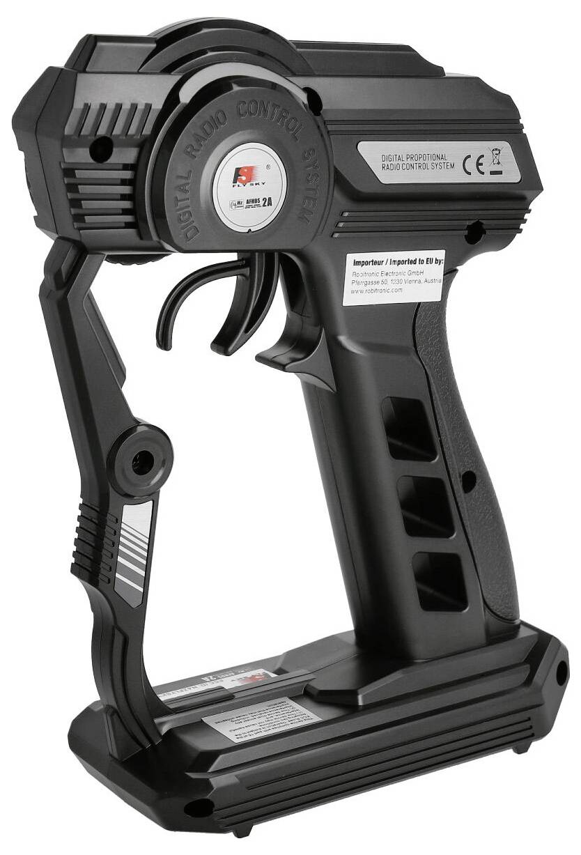 Black, ergonomically shaped remote control with multiple buttons and a trigger lever, for controlling remote-controlled models.