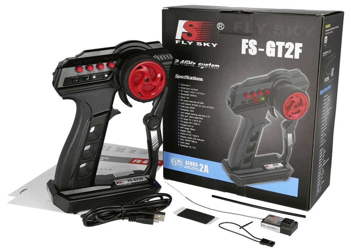 Remote Control Fly Sky FS-GT2F with Receiver and Accessories. Packaging shows product image and technical specifications.
