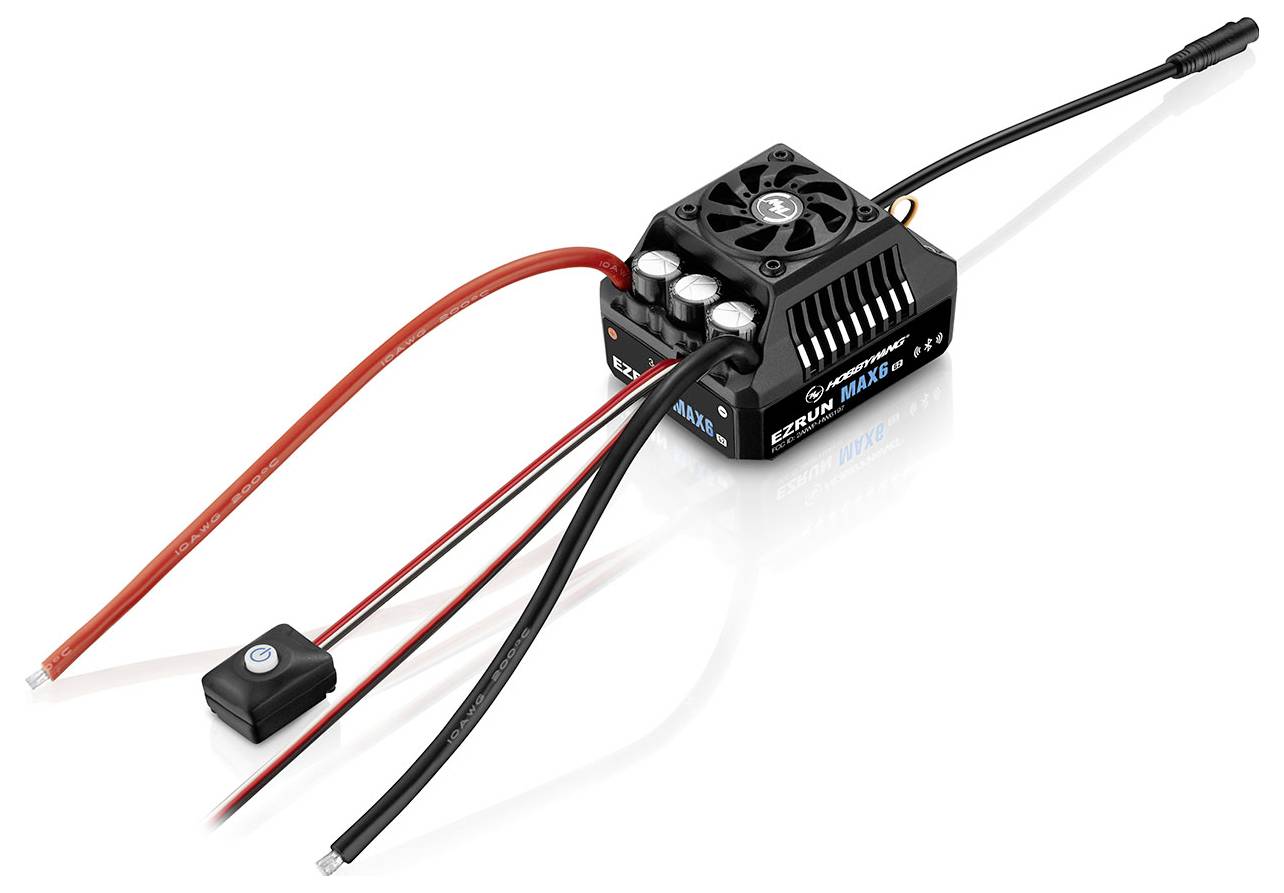 Electronic speed controller with fan, red and black cables, used in remote-controlled vehicles for motor control.