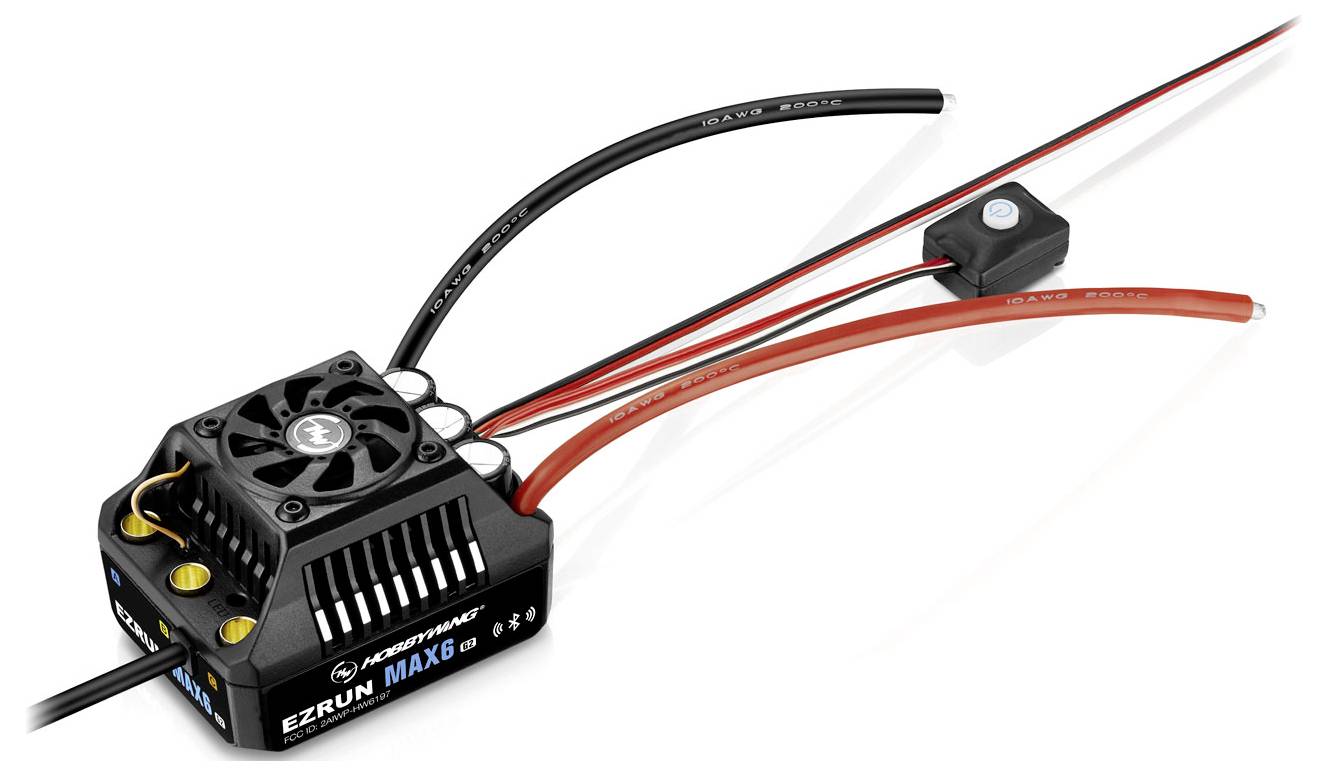 An electronic speed controller for remote-controlled cars with a fan, multiple cables and connectors, marked as 'EZRUN MAX6'.