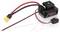 'Brushless motor controller with three cables, a yellow plug and a black and red switch. Label: "QuicRun WP 10BL120".'
