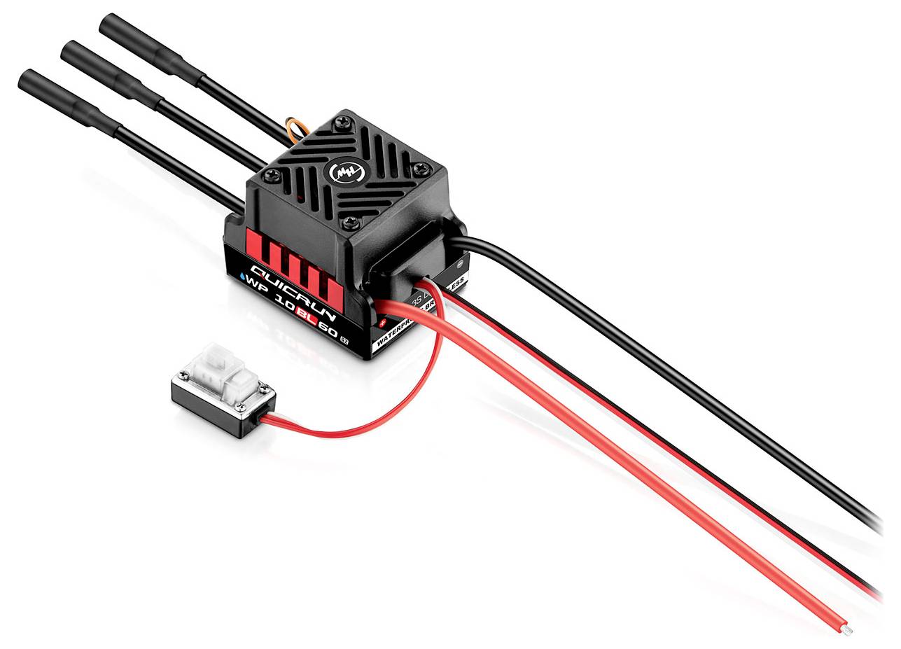 An electronic speed controller with heat sinks and cables, used for controlling the speed of electric motors in models.