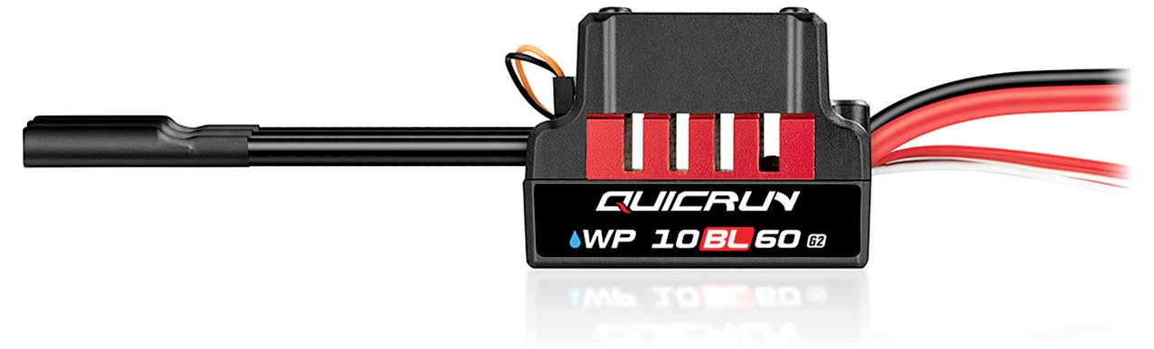 Electronic speed controller 'QuicRun WP 10BL60' with red and black cables, suitable for remote-controlled vehicles.