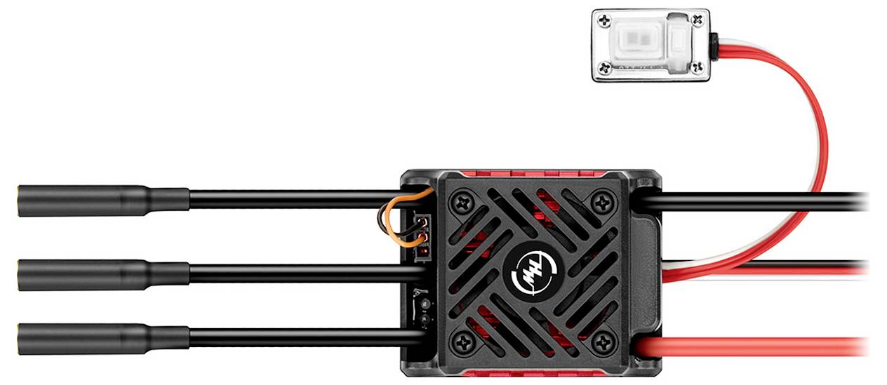 Motor controller with multiple cables, black casing, and a white-red switch. For use in remote-controlled vehicles.