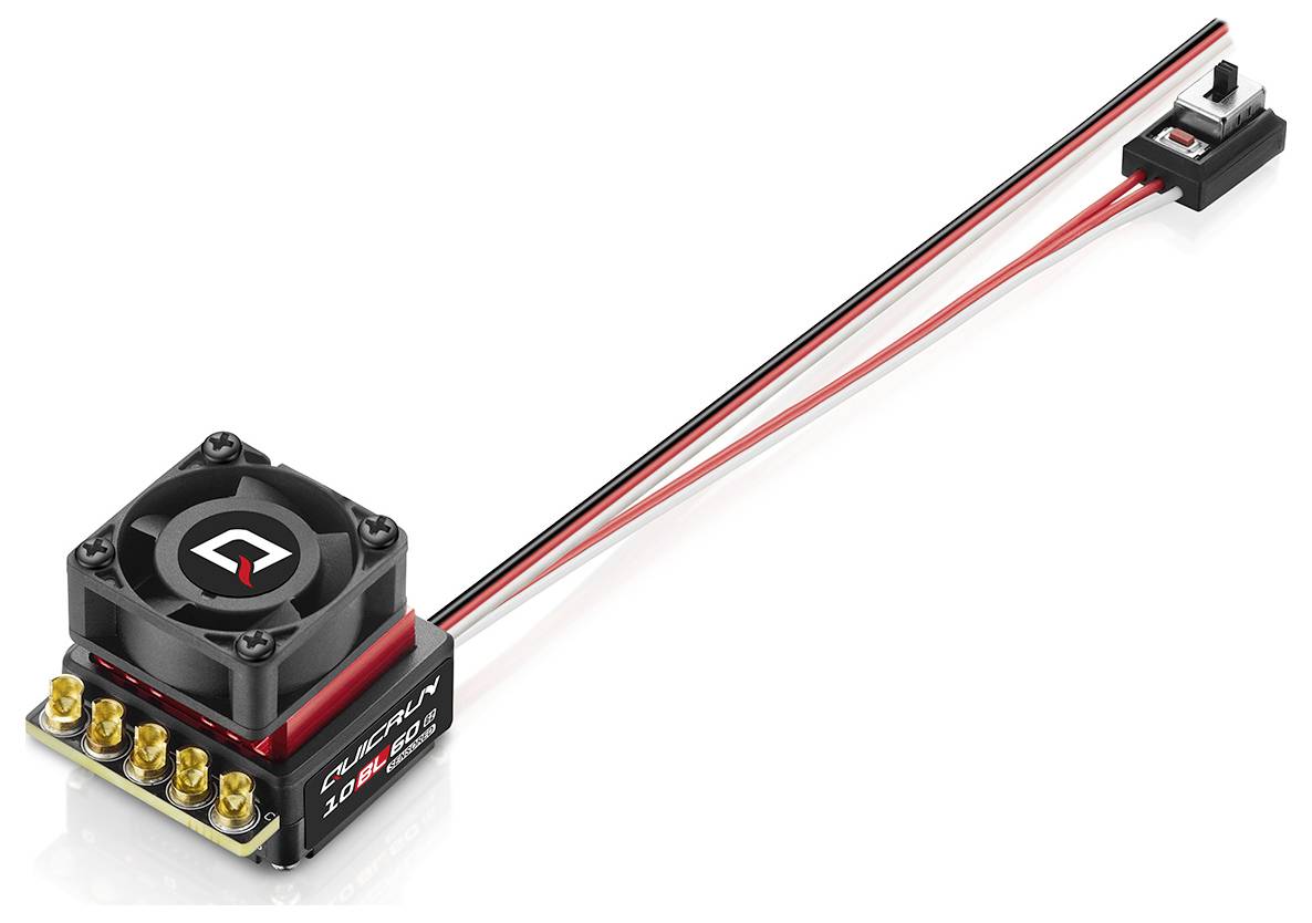 Electronic control unit with fan and multiple connectors, connected via a switch using long red and black cables.