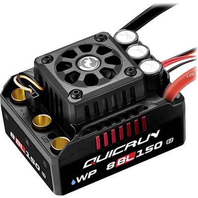 An electronic speed controller for remote-controlled cars, with a fan, multiple connectors and cables, marked as 'QUICRUN WP 8BL150'.