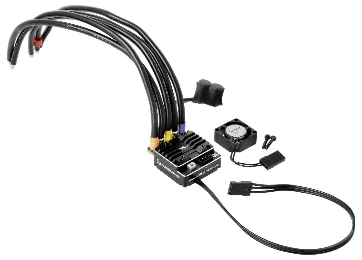 Electronic control unit with cooling fan and multiple cables. Suitable for regulating motor functions in model vehicles.