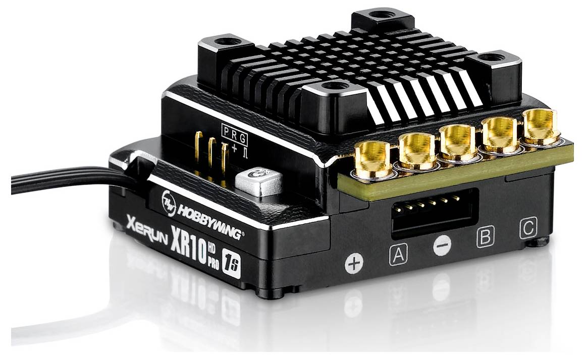 A Hobbywing ESC, model Xerun XR10 Pro, with heatsink and connection terminals, used in RC vehicles to control the motor.