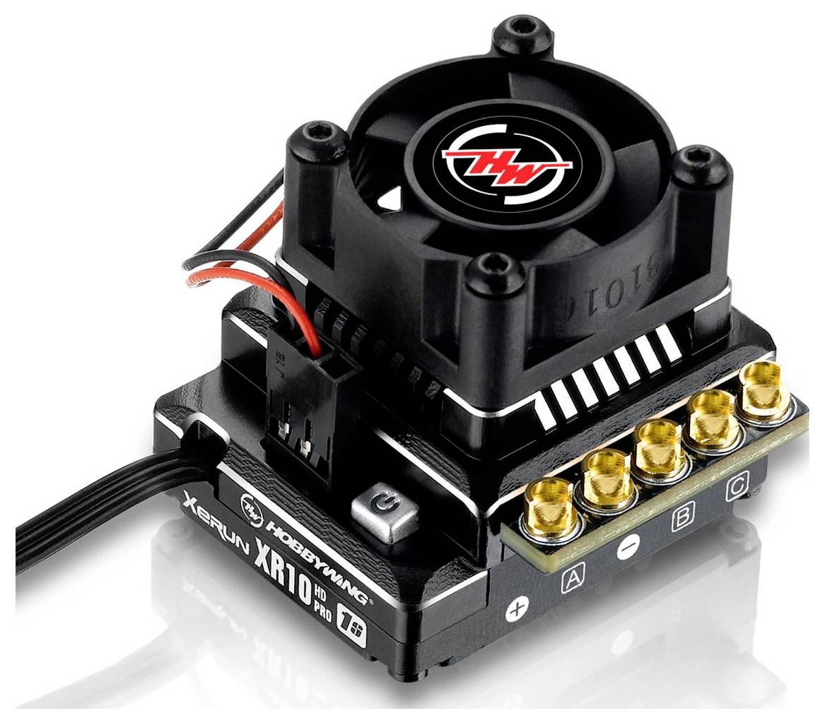 Motor control module with fan and cable connections; labelled 'Hobbywing XR10 Pro'.