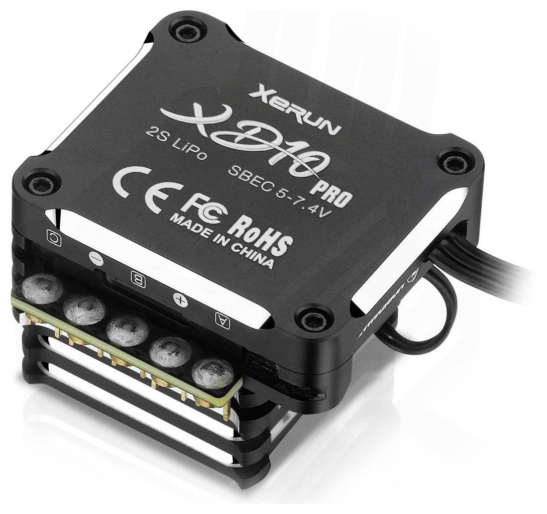 Black electronic component with label 'XERUN XR10 PRO', suitable for 2S LiPo, SBE-C 5-7.4V, manufactured in China.