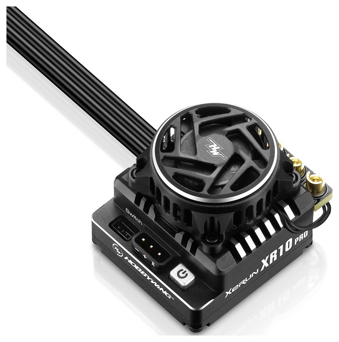 Electronic controller 'Hobbywing XR10 Pro' with fan and connections, for remote-controlled models, brand logo clearly visible on it.