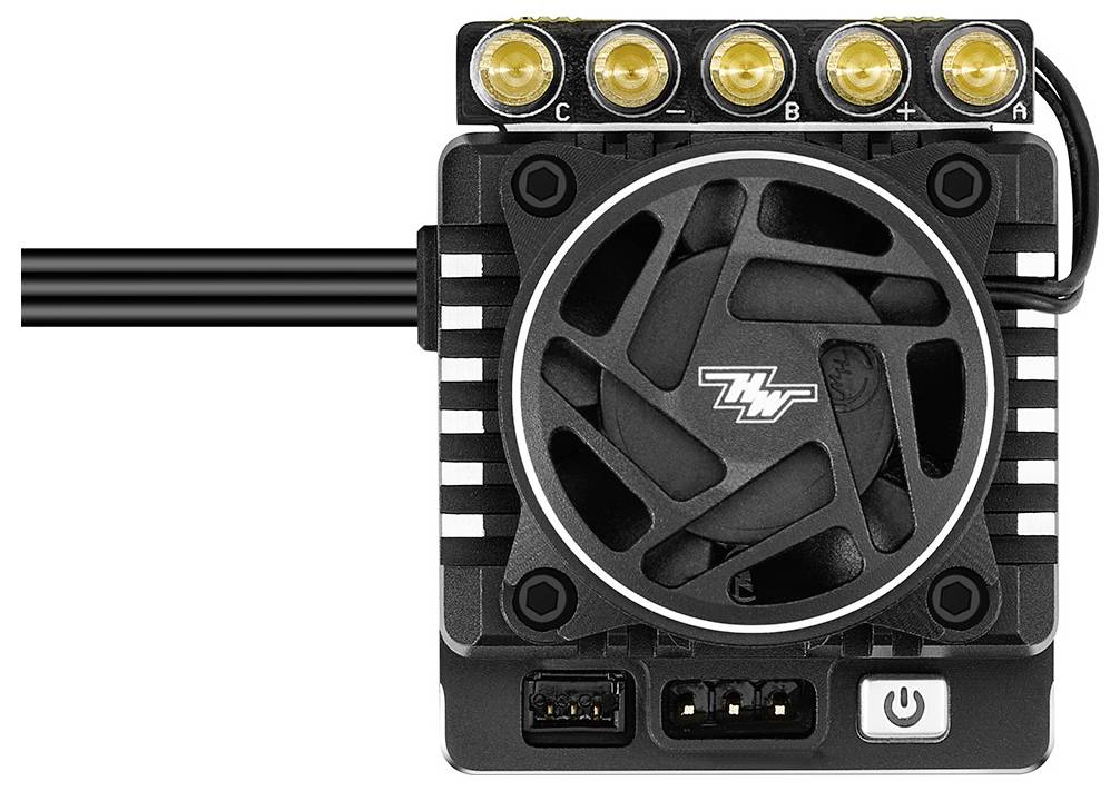 Electronic device with a fan, five yellow connection ports on top, a control element at the bottom, and several plug-in connectors.