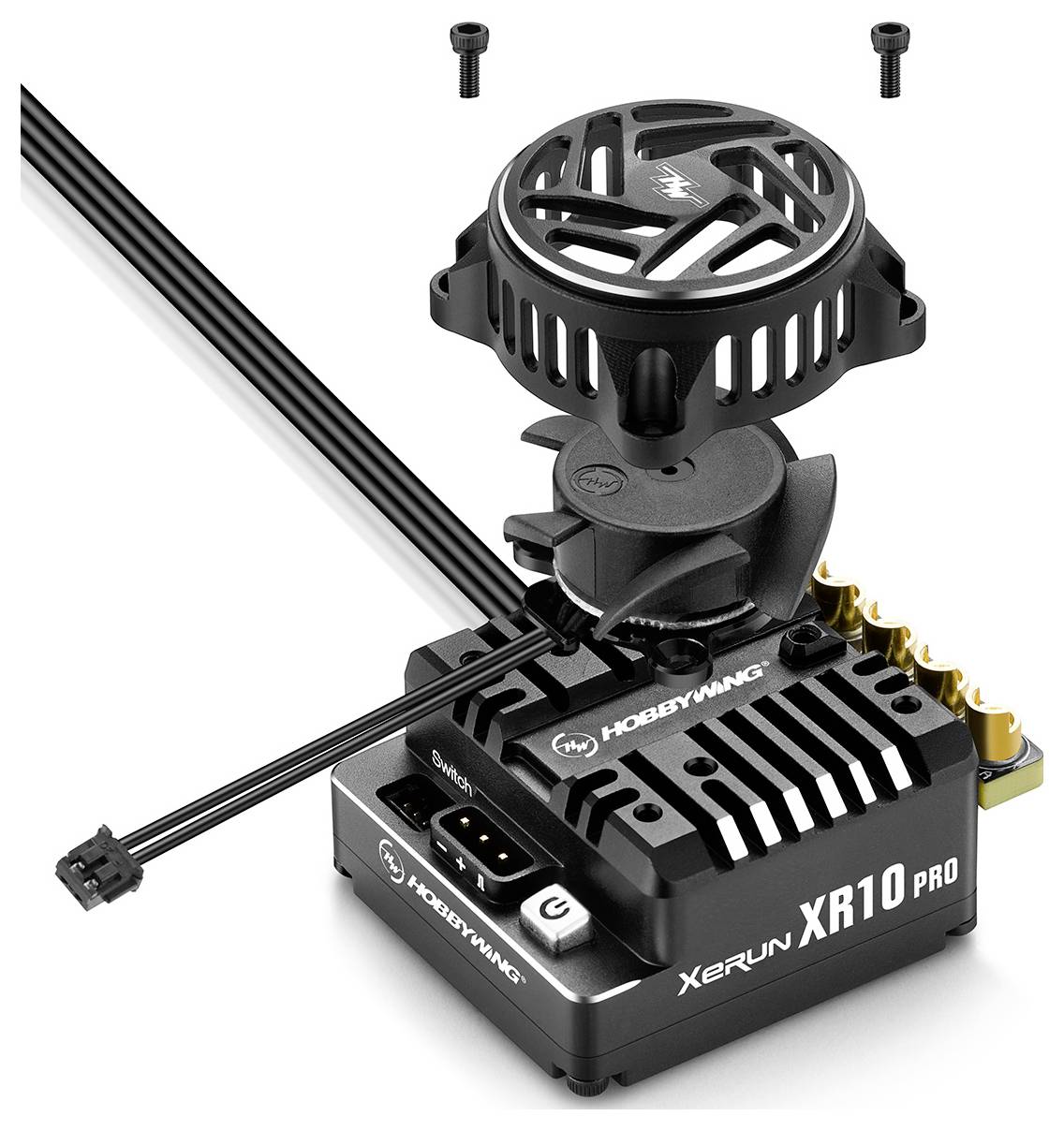 Electronic speed controller with fan and connection cables, model 'Hobbywing Xerun XR10 Pro', for RC vehicles.