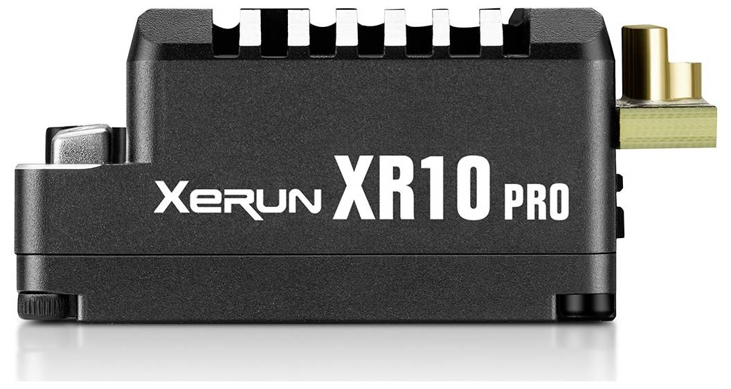 A black electronic speed controller with 'XeRun XR10 PRO' printed on the side, featuring gold-coloured connectors.