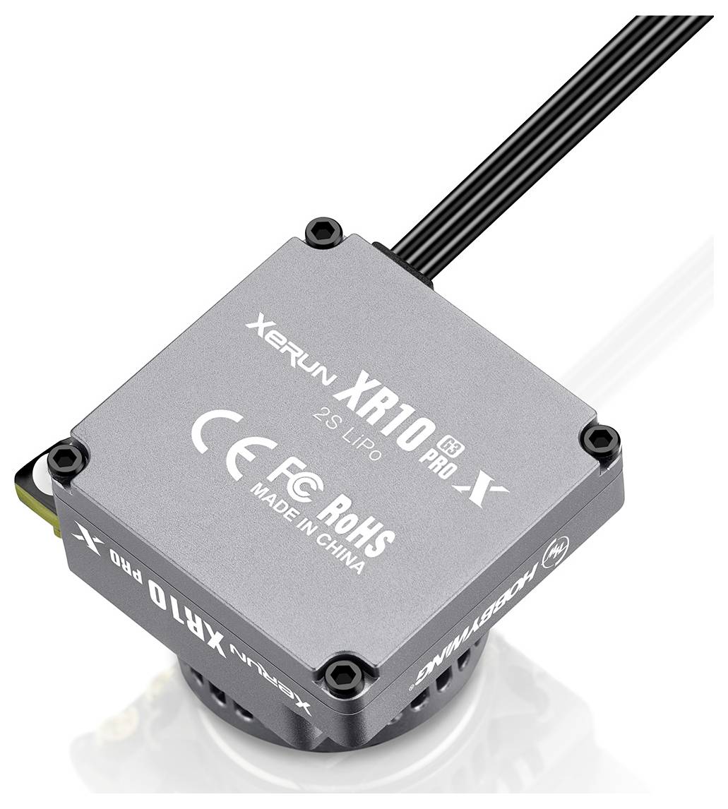 A silver electronic controller for RC vehicles, marked with 'XR10 Pro G2 X', CE and RoHS certified, manufactured in China.
