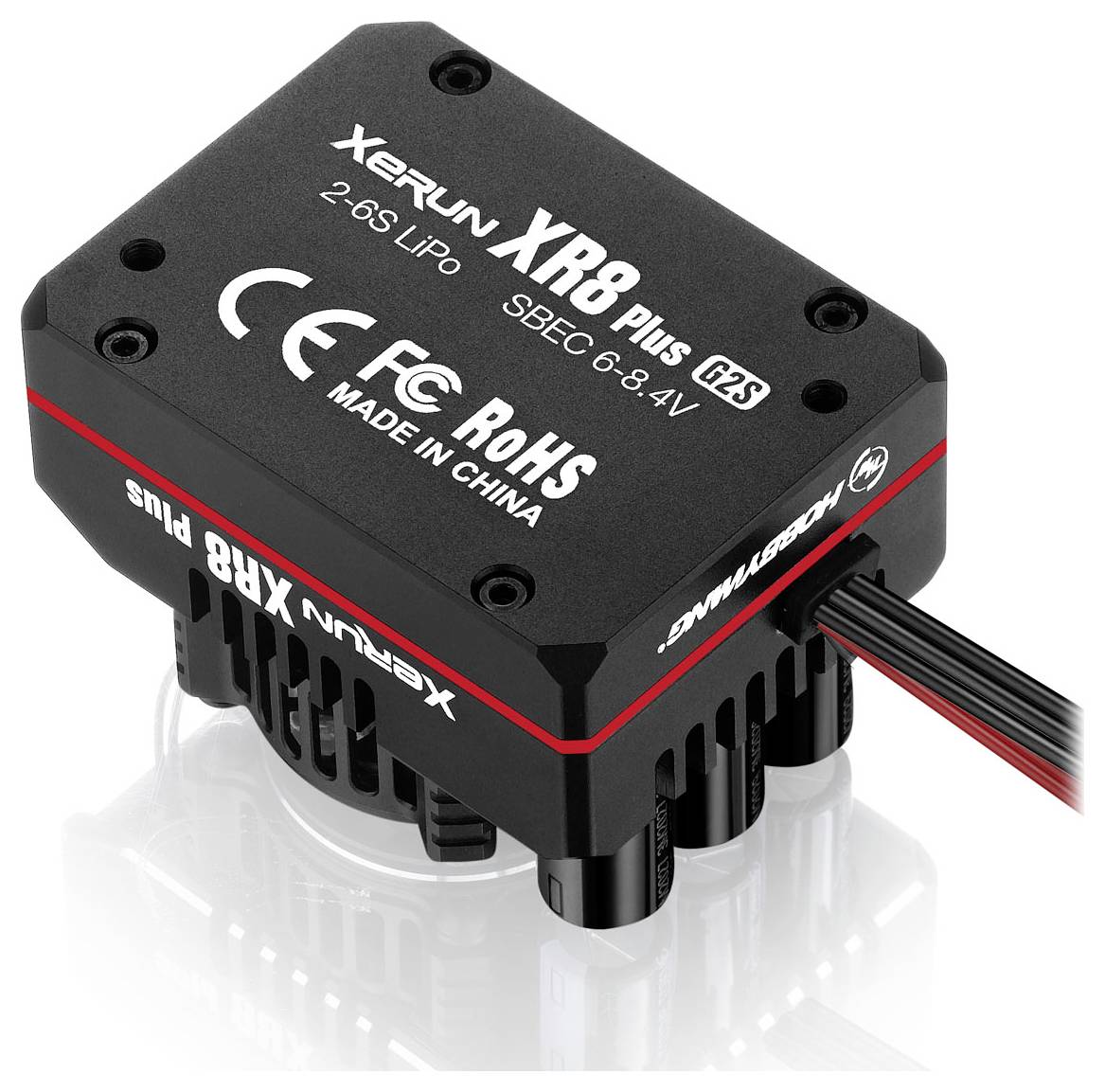 Black electronic device with the inscription 'XeRun XR8 Plus', suitable for RC vehicles, showing certifications and country of origin.