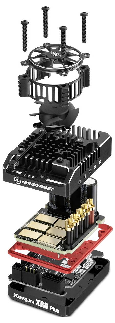 Exploded view diagram of an RC vehicle motor cooler, including heatsink, fan, and layers of electronic components.