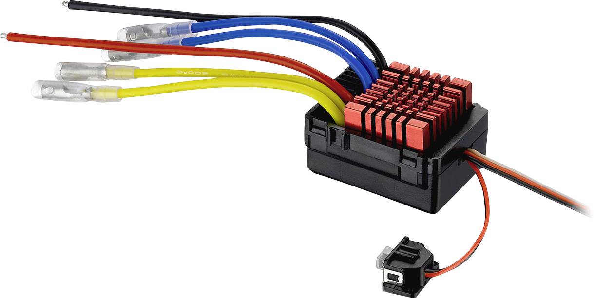 An electronic speed controller with multiple coloured cables emerging from a black casing; used for controlling electric motors.