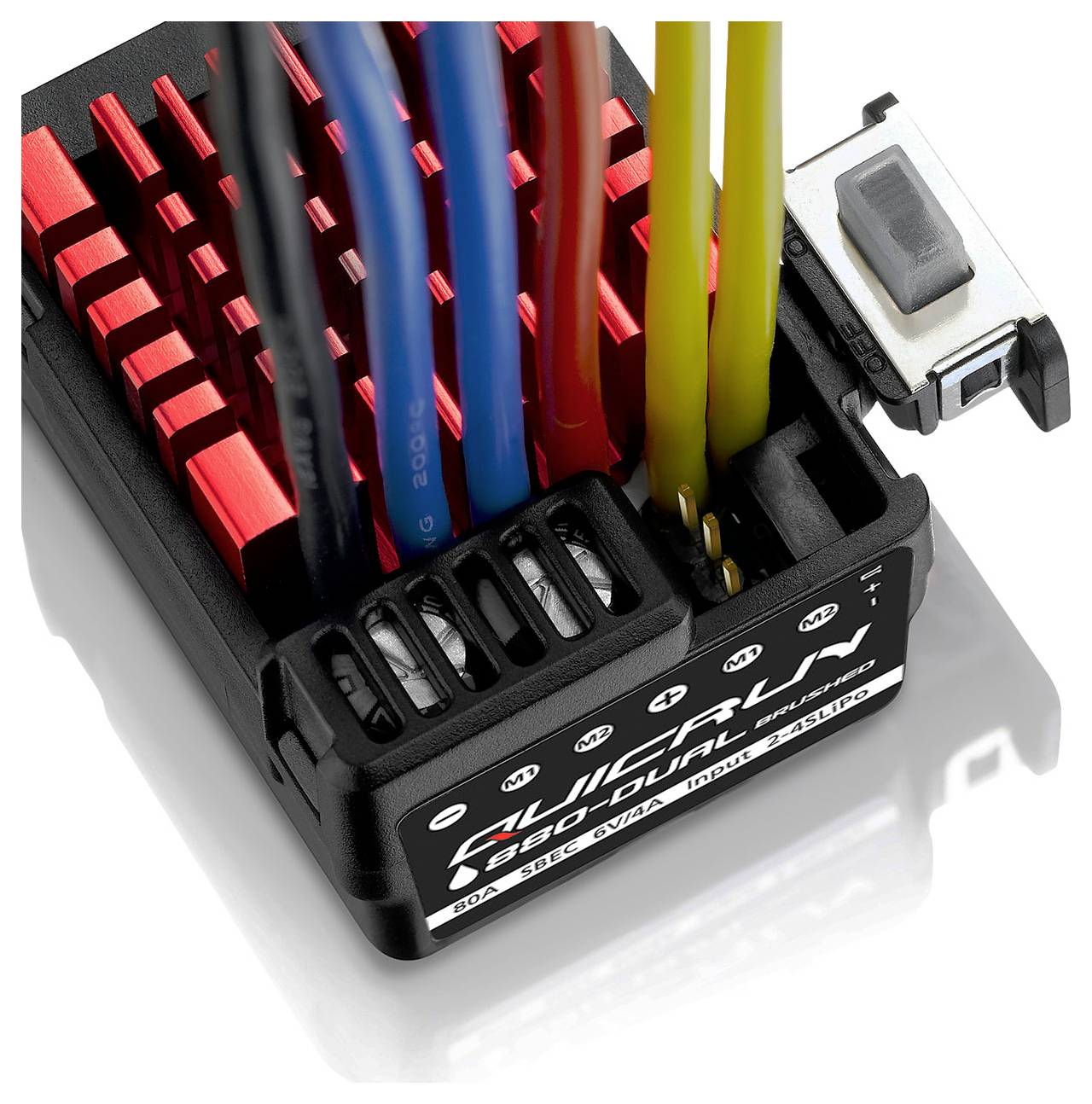 Electronic speed controller with multiple connected wires and a switch. Main components are designed with fin-like structures for temperature reduction.