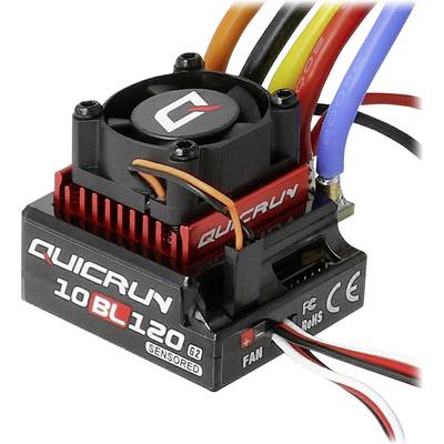 A red and black electronic speed controller with a fan and several connected cables, labelled 'QUICRUN 10BL120'.