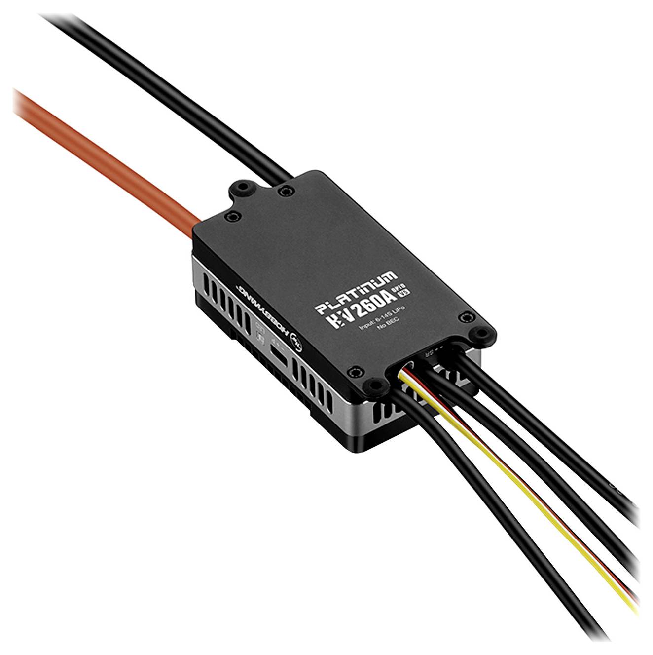 Electronic speed controller with multiple cables, black housing, marked 'Platinum HV-1200A'. Suitable for model aircraft.
