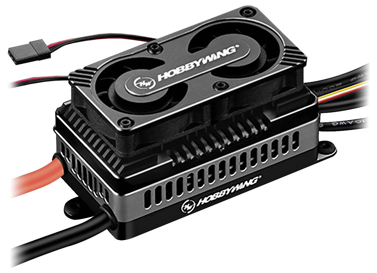 Electronic speed controller by Hobbywing with fan, black housing. Motor and battery cable connections visible.