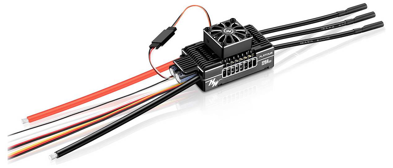 An electronic speed controller with a heatsink and fan, with several coloured cables protruding. Suitable for model vehicles.