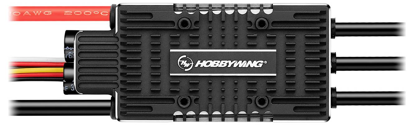 A black Hobbywing electronic speed controller with multiple connection cables, suitable for model-building applications.