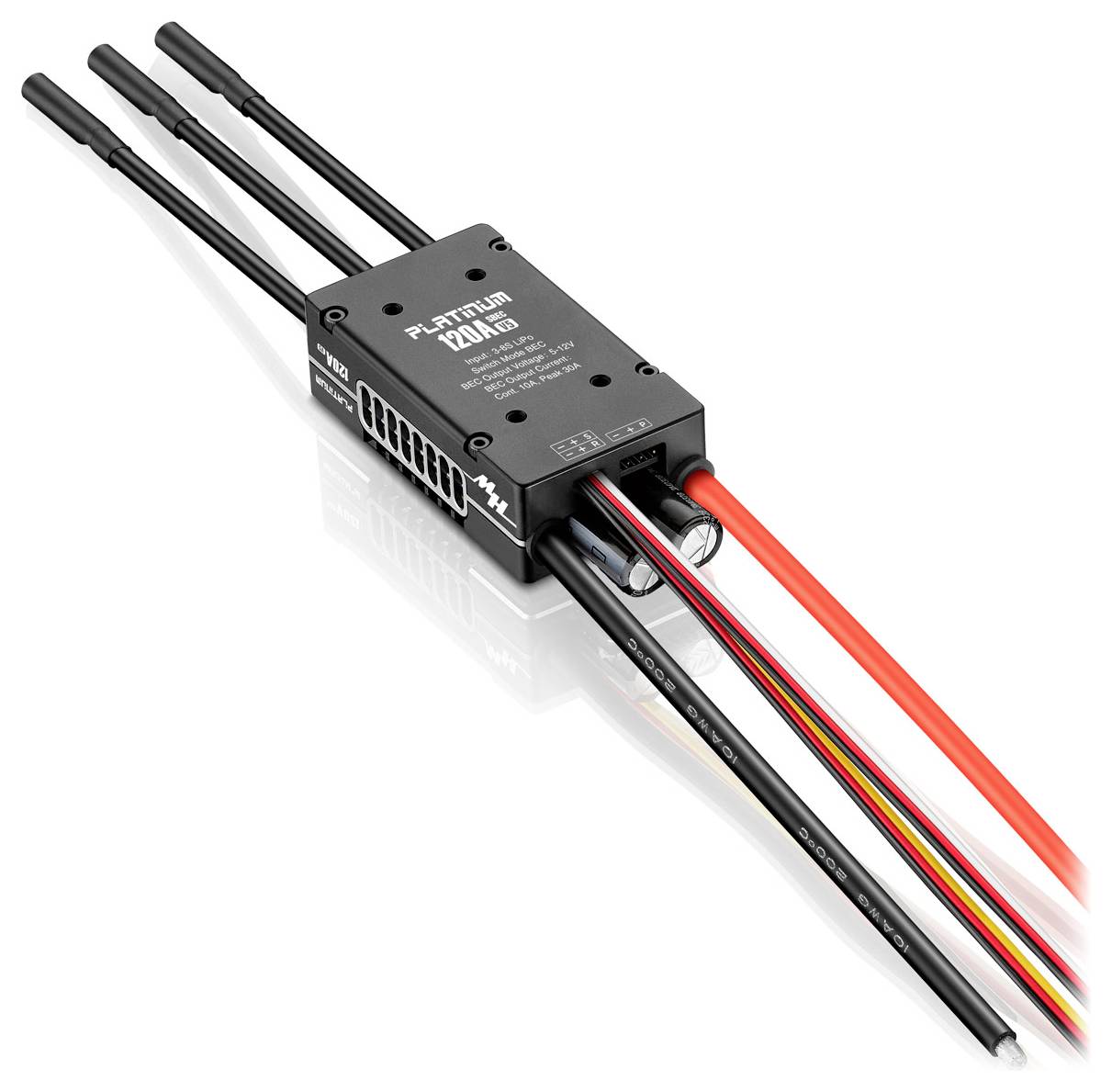 Three-phase electronic speed controller with six cables, black housing and label 'Platinum 120A HV'. Device for model making.