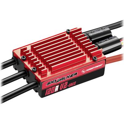 'Electronic Speed Controller Skywalker 120A V2 by Hobbywing with red heatsink surface and multiple cable connections.'