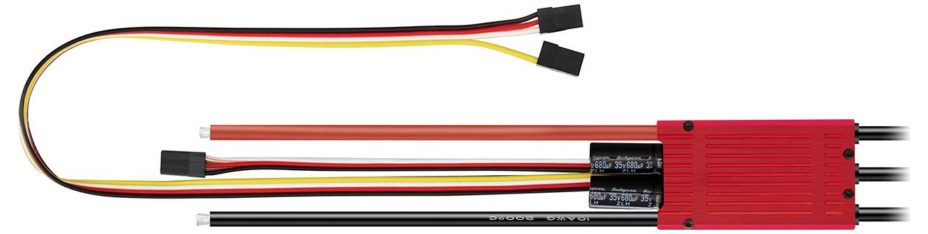An electronic speed controller (ESC) with a heatsink and cables. Used for remote-controlled model vehicles.