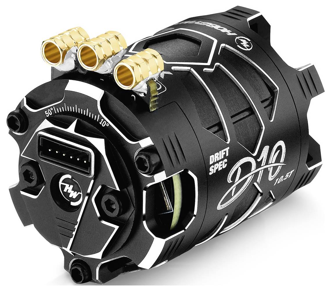 A black electric motor with golden terminal clamps, labelled 'D10' and 'Drift Spec', demonstrates a technical design.