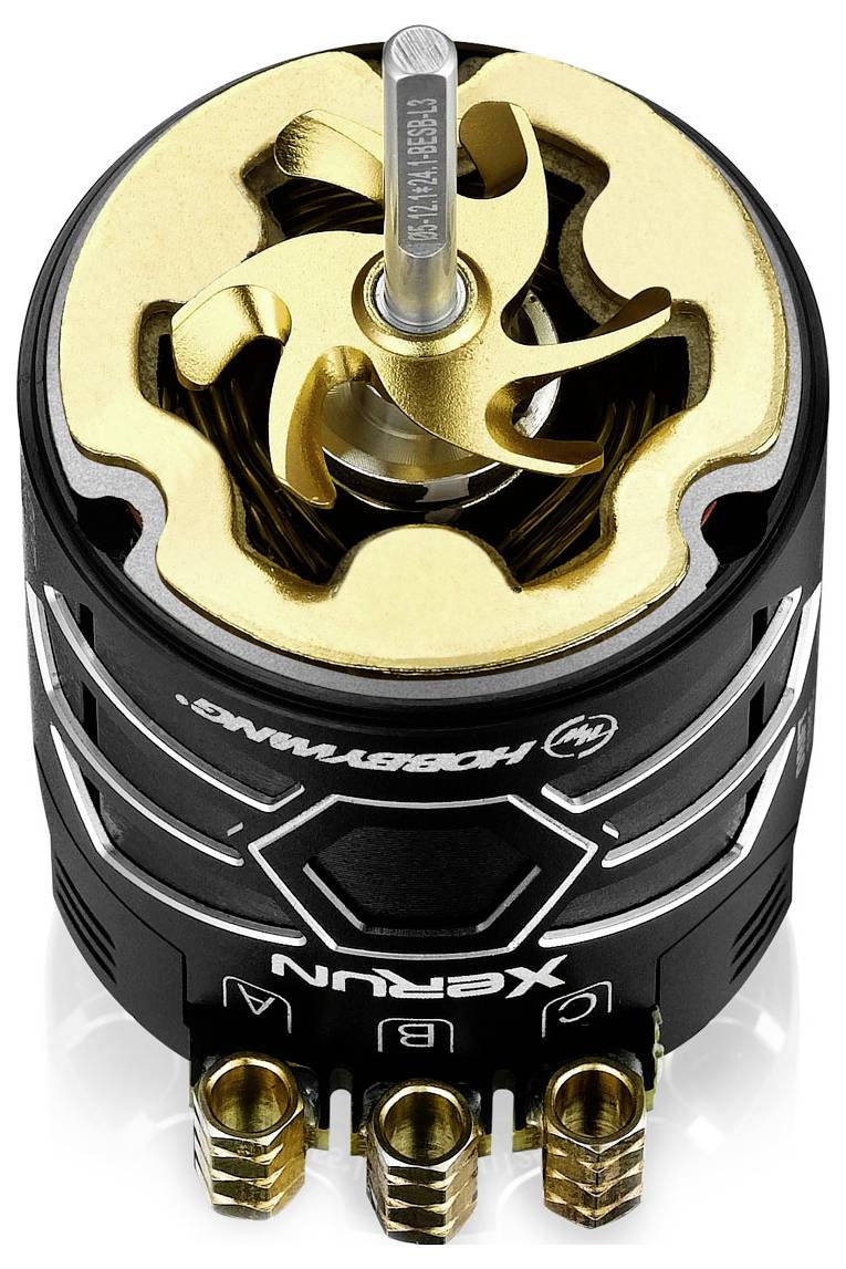 An electric motor with golden elements, marked with 'HOBBYWING', shows a detailed view of its internal structure.