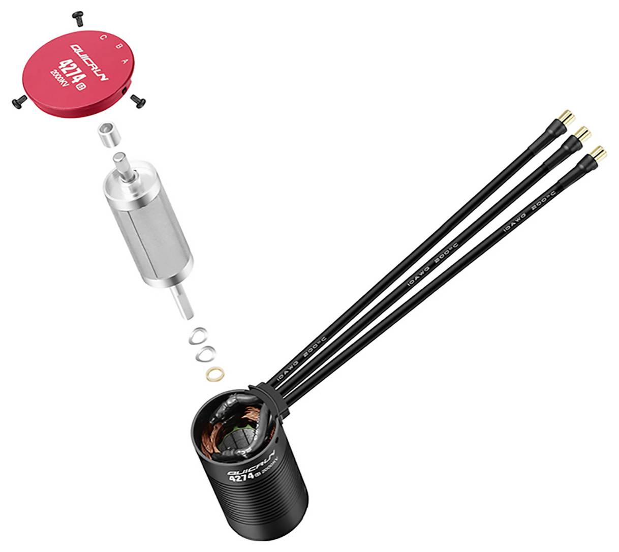 Brushless motor with removable parts, including stator, rotor, and drive shaft. Three cables protrude from the motor.