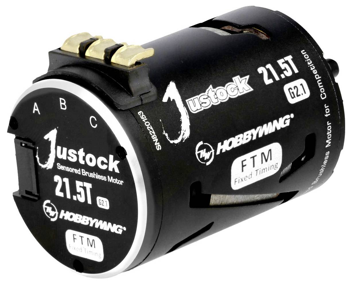 Black, sensorless brushless motor with the inscription 'Justock' and '21.5T', manufactured by Hobbywing.