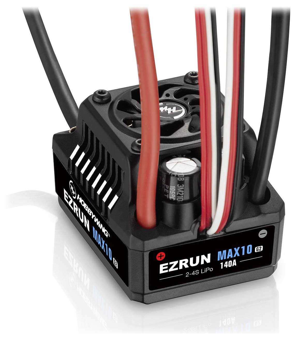 Electronic Speed Controller 'EZRUN MAX10' by Hobbywing with fan and multiple connection cables, suitable for 2-4S LiPo and 140A.