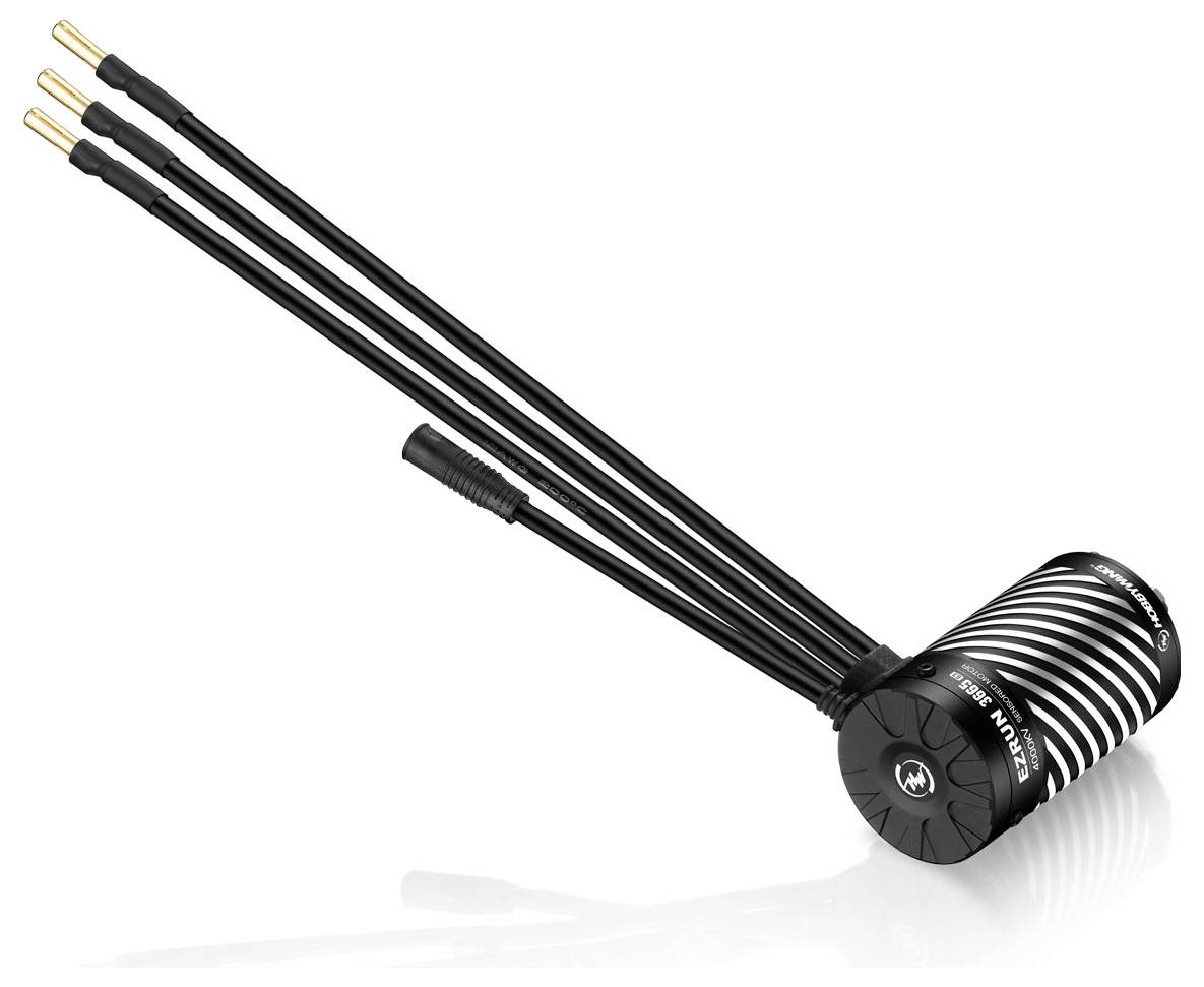 A cylindrical electric motor with three protruding cables. The motor has black and silver stripes and is suitable for RC models.