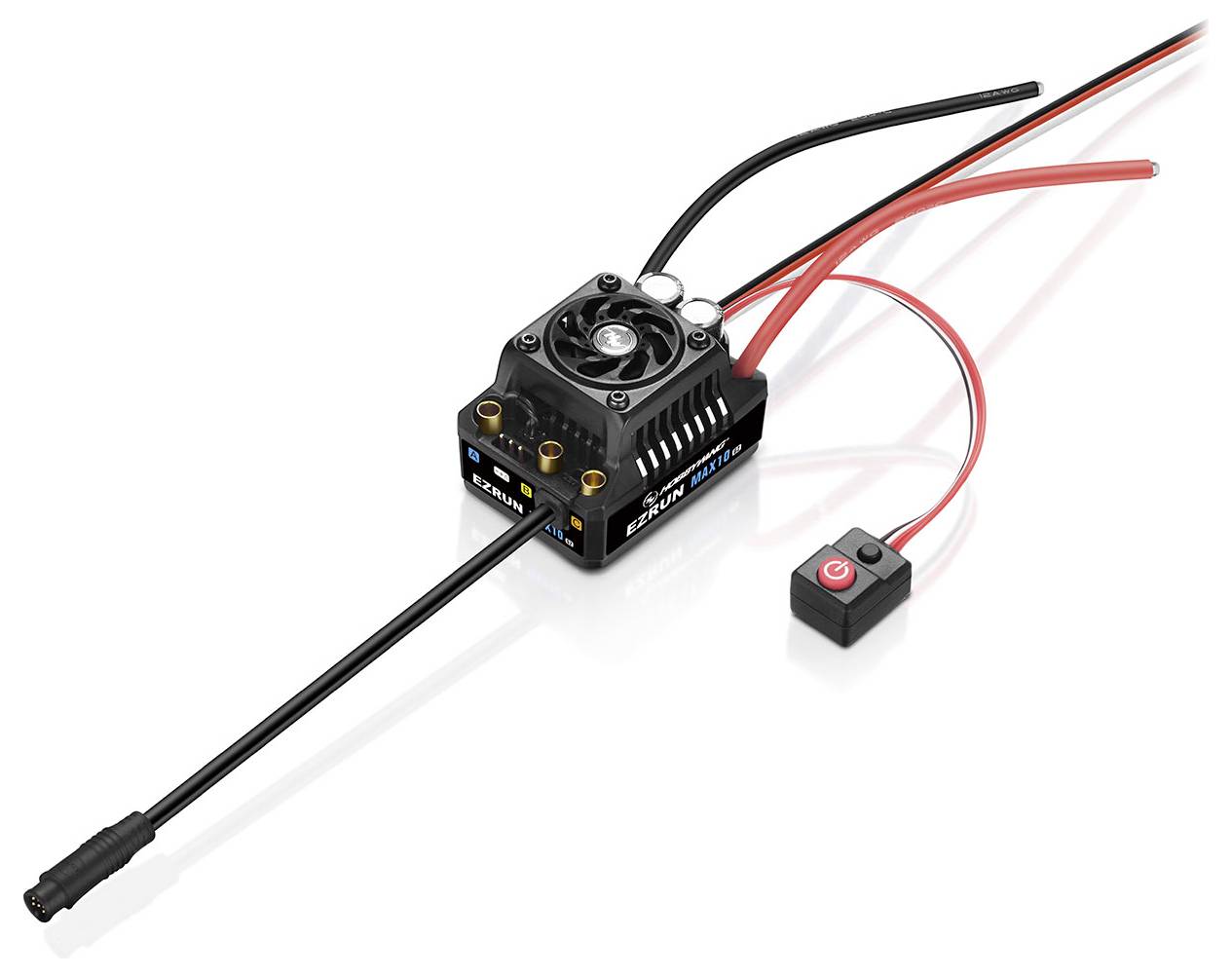 Brushless motor controller with black and red cables and a separate switch. Suitable for RC cars.
