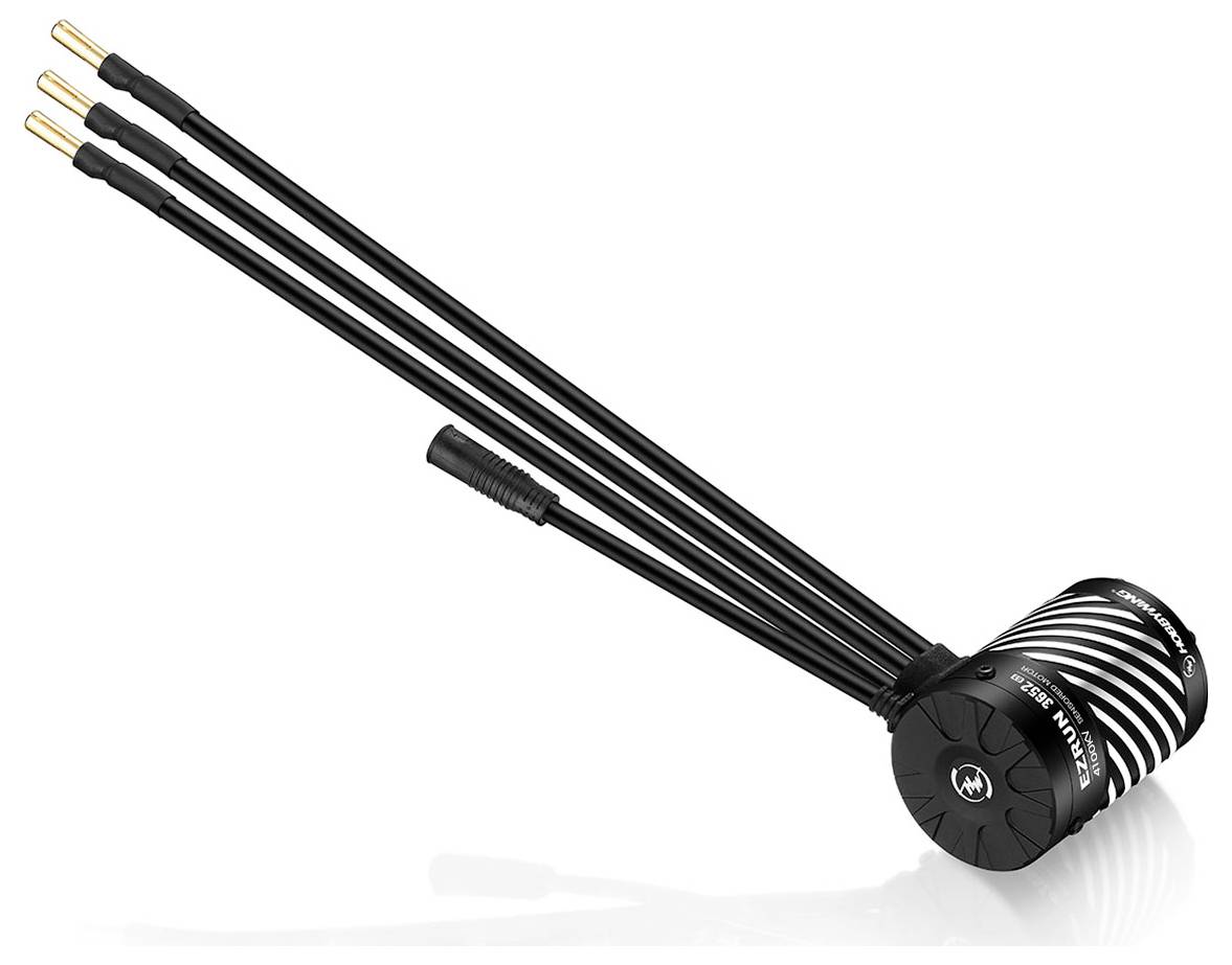 A black electric motor with three long cables. The labelling on the motor is illegible. It is used in RC vehicles.