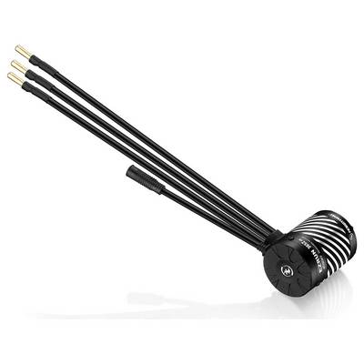 A black electric motor with three long cables. The labelling on the motor is illegible. It is used in RC vehicles.