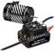 A brushless motor with a black housing and curved striped decoration, next to an electronic controller with a fan and cable connections.