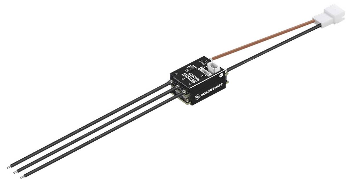 Three-wire electrical sensor with a plastic housing and metal pins, connected to a white connector and a thin cable.