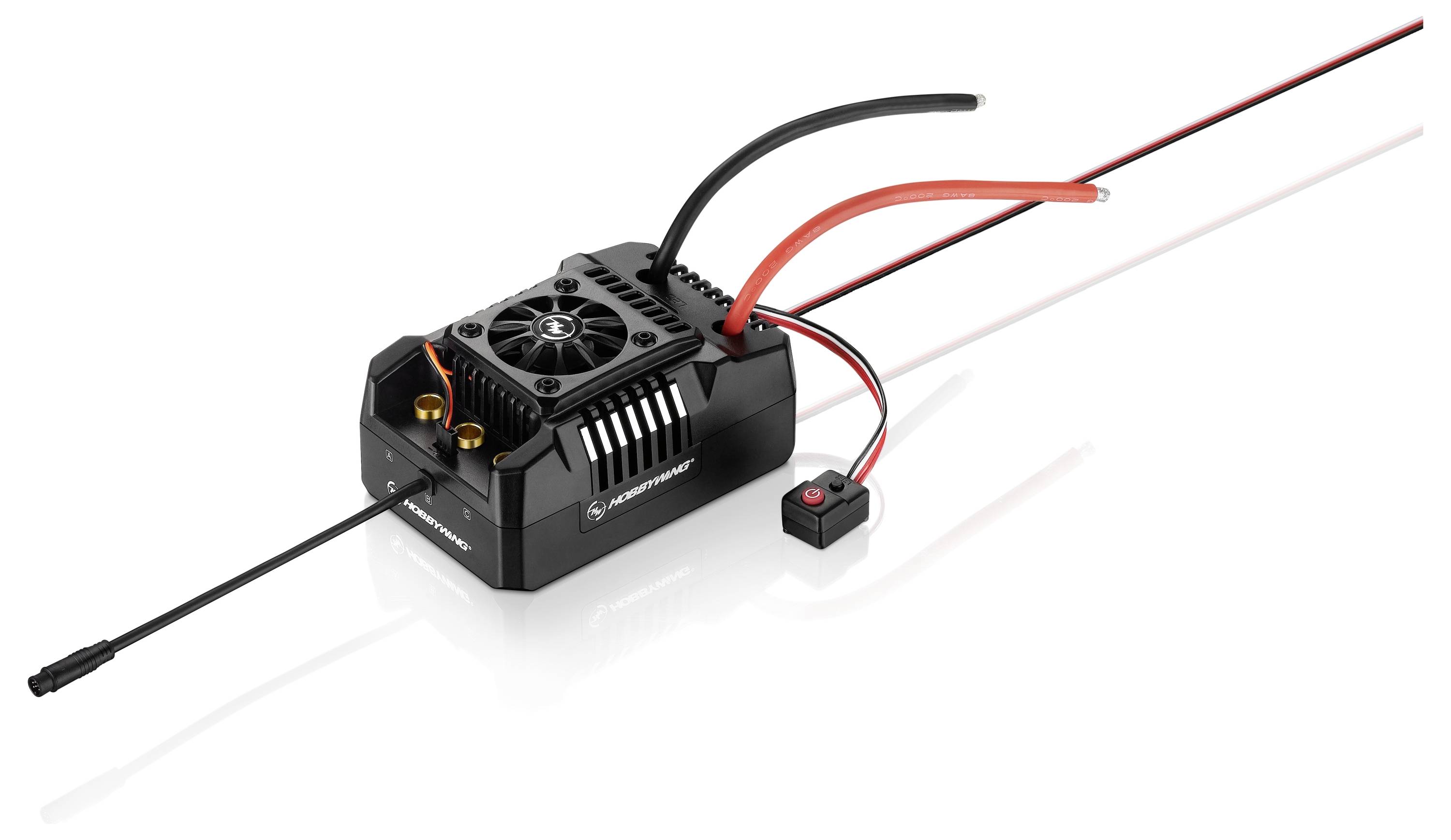 Electronic speed controller with heat sink and fan, connected with multiple cables for model building applications.