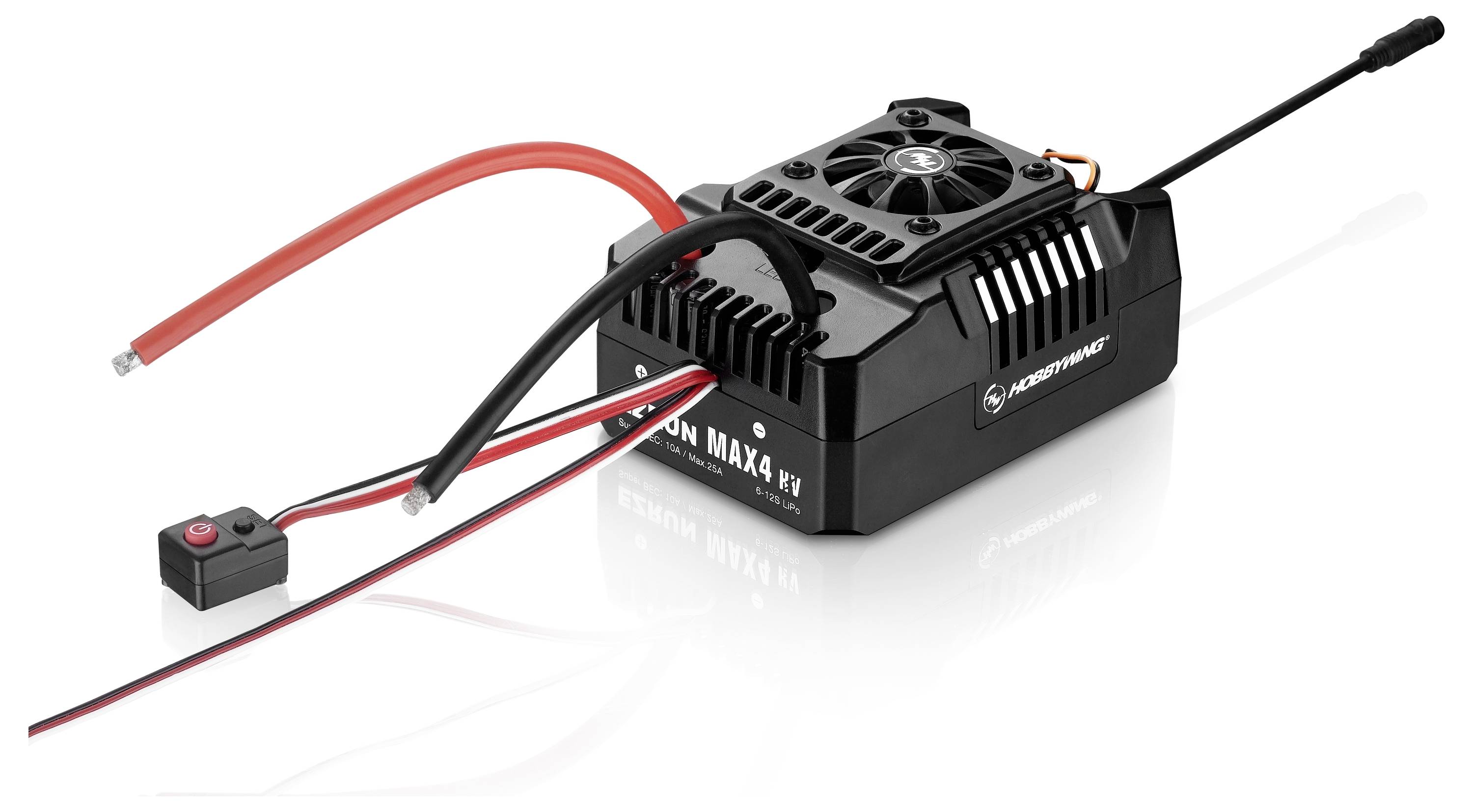 Electronic speed controller with heatsink, fan and multiple cables for remote-controlled vehicles.