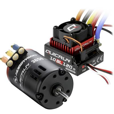 'Quicrun 10BL120' Brushless Motor with integrated electronic controller, colourful cables on top. Suitable for hobby applications in model making.