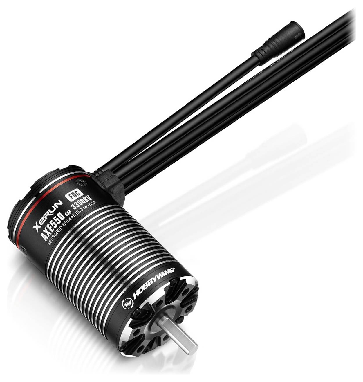 A Hobbywing electric motor, model XERUN AXE550, with a black housing and cable harnesses.